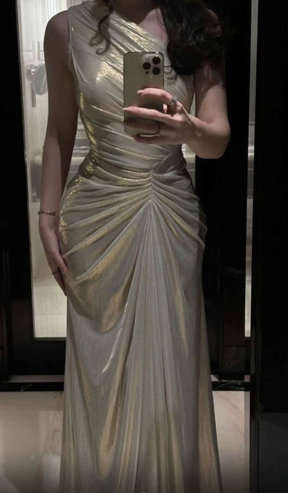 Classy One Shoulder Satin Pleated Mermaid Long Wedding Guest Dress Birthday Party Dress SP1342