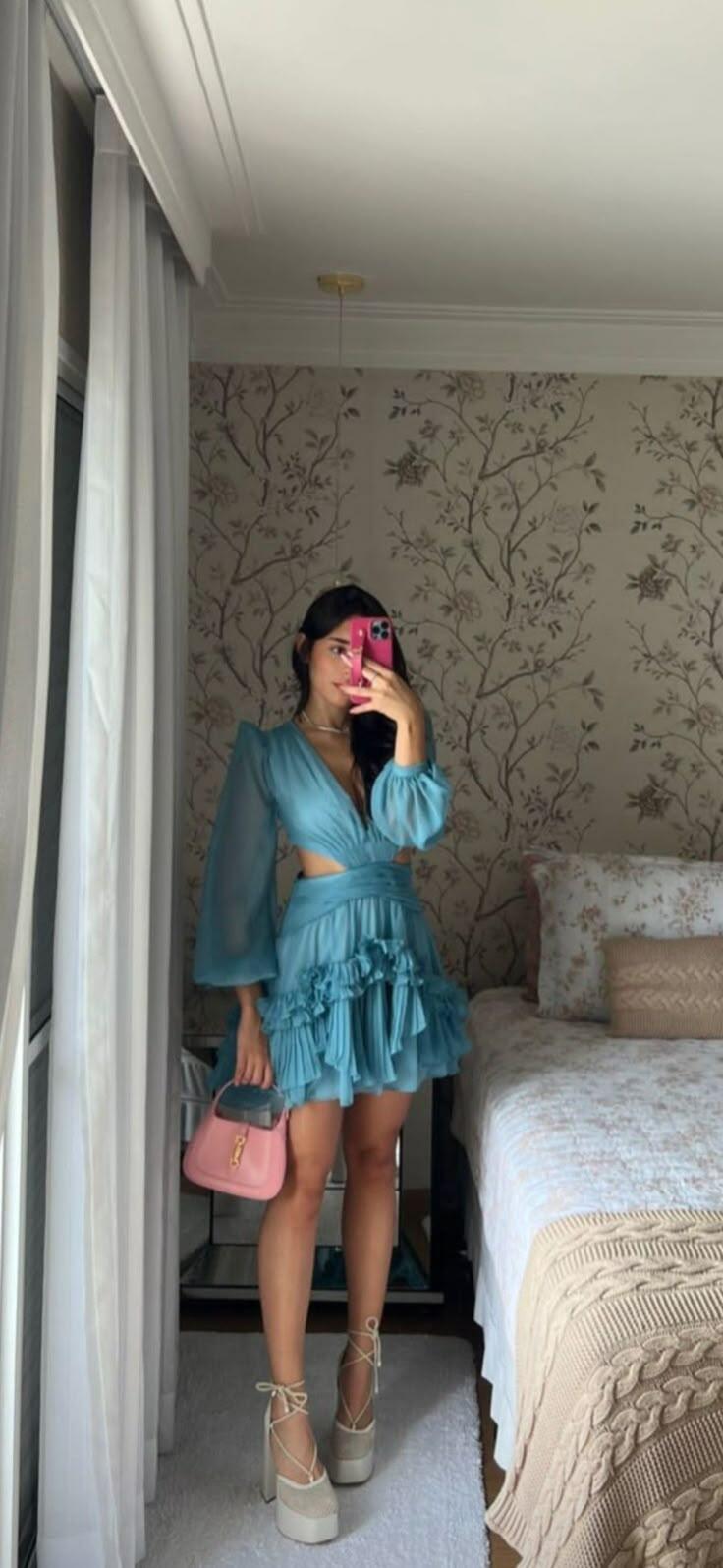 Elegant Blue Mini Graduation Homecoming Dress V Neck Chiffon Ruffled A Line Short Birthday Outfits SP2343