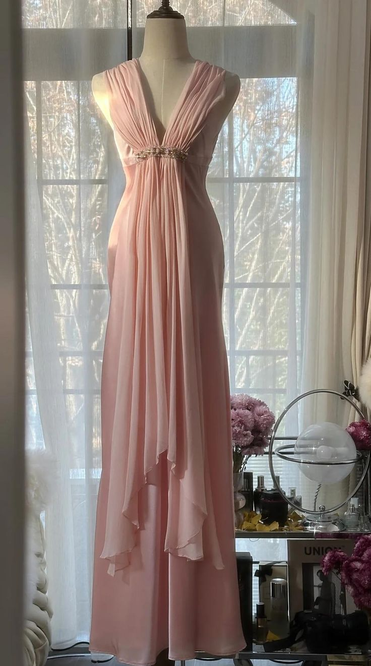 Simple Pink Deep V Satin Chiffon Backless Party Dress Evening Dress Y8742