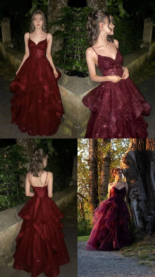 Vintage Spaghetti Straps Burgundy Tulle Appliques Long Party Dress Birthday Prom Gowns SP2264