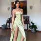 Simple Green Spaghetti Straps High Slit A Line Evening Dress Backless Prom Dress Y8433