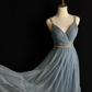 Simple Blue Tulle Beaded A Line Evening Dress,Spaghetti Straps V Neck Prom Dress Y8649