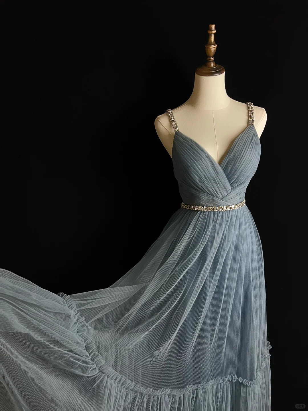 Simple Blue Tulle Beaded A Line Evening Dress,Spaghetti Straps V Neck Prom Dress Y8649
