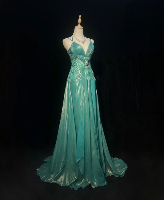 Vintage Spaghetti Straps Green Satin Lace Beaded Mermaid Long Party Dress Birthday Dress SP1817
