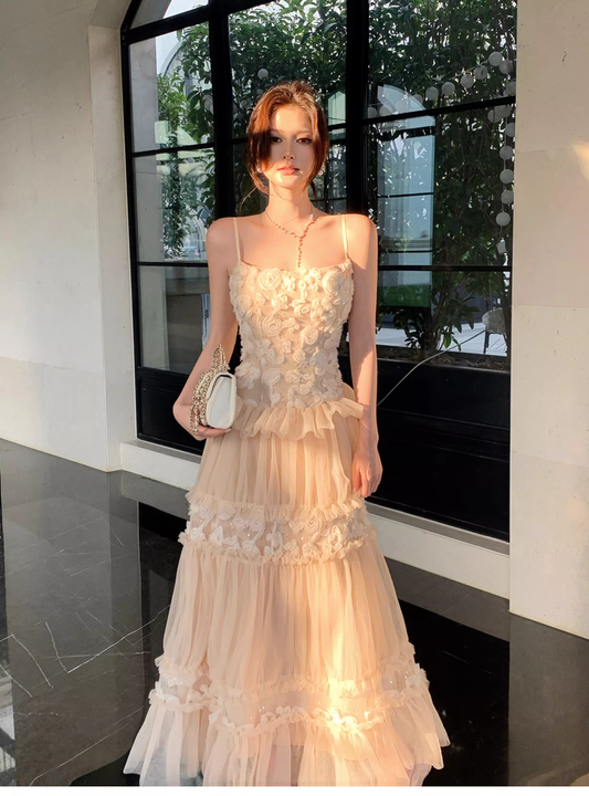 Cute Spaghetti Straps Light Pink Tulle A Line Long Birthday Prom Dress Party Gown SP1505