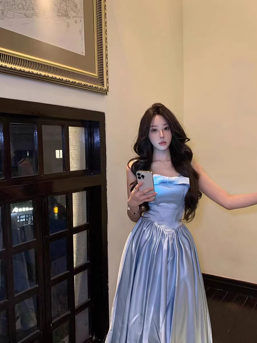 Cute Blue Bow Satin A Line Long Evening Dress Formal Evening Dress SP2028