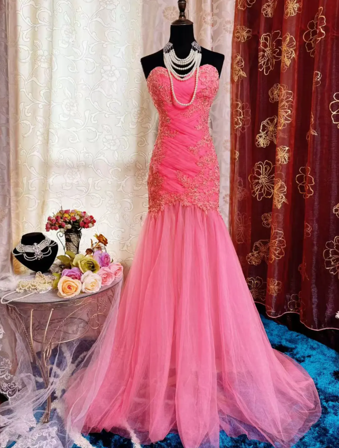 Pretty Pink Strapless Tulle Appliques Beaded Mermaid Long Party Dress Formal Wedding Guest Dress SP1954