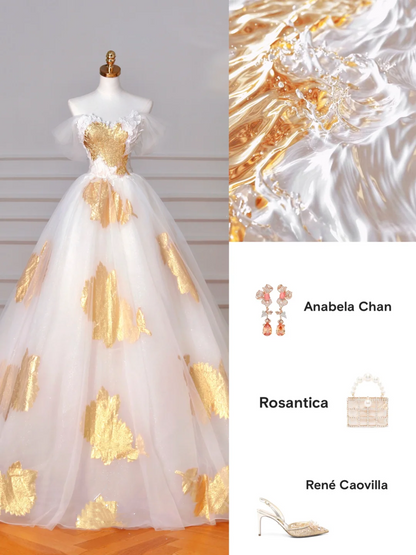 Gorgeous Gold Print Tulle Off The Shoulder Ball Gown,A Line Prom Dress Evening Dress Y8618
