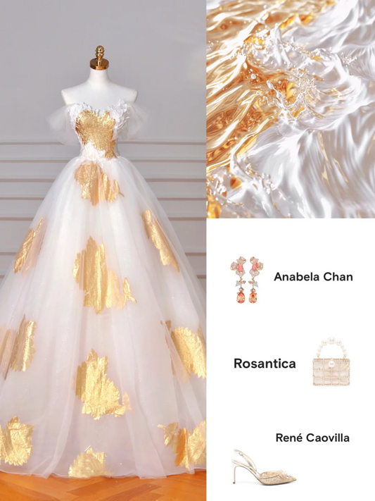 Gorgeous Gold Print Tulle Off The Shoulder Ball Gown,A Line Prom Dress Evening Dress Y8618