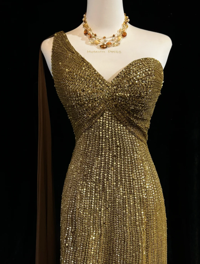 Gorgeous One Shoulder Gold Sequin Beaded Mermaid Long Prom Dress Party Gown SP1857