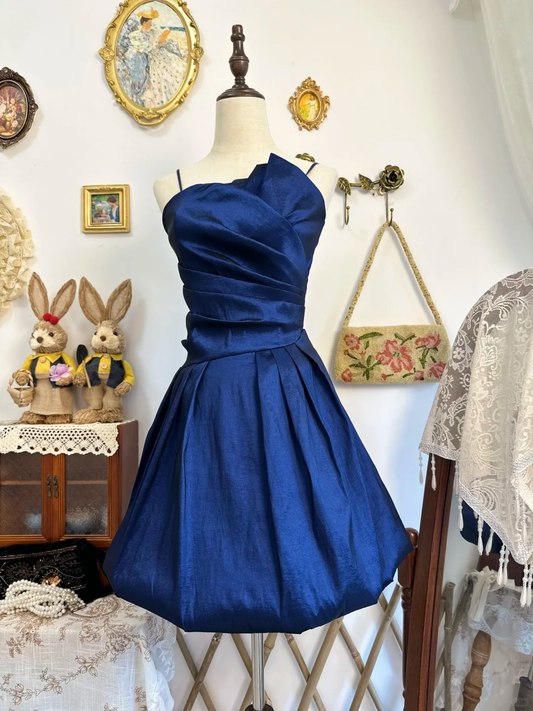 Elegant Spaghetti Straps Satin Pleated Blue Short Homecoming Dress Birthday Outfits Y9476