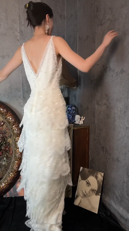 Pretty V Neck Sleeveless White Lace Beaded Layered Long Party Dress Formal Birthday Outfits SP1255