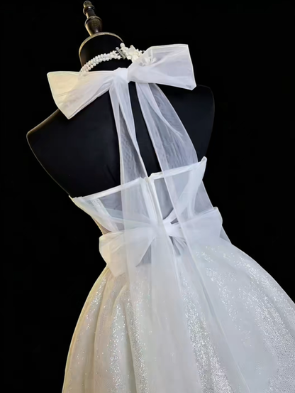 Shiny Bow Straps Sequin A Line Short Cocktail Dress White Short 6th Grade Homecoming Dress SP2371