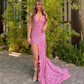 Luxurious Pink Sequins Lace Feathers Mermaid Evening Dress Slit Prom Dress Y7872