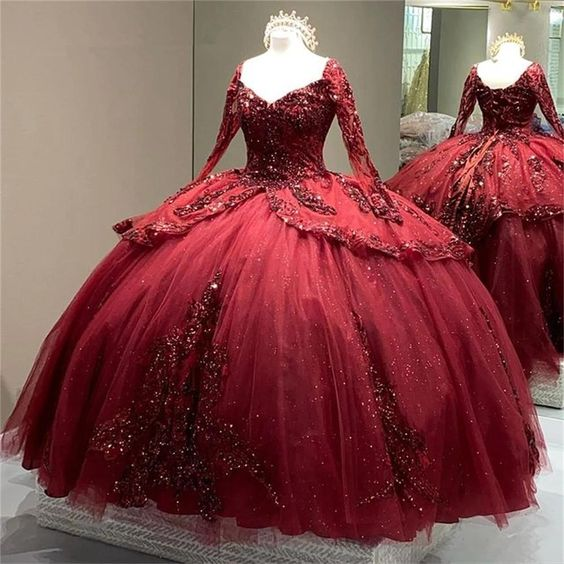 Burgundy Sparkly Quinceanera Dresses Long Sleeve Lace-up Corset Flower Simplepromdress Burgundy Sparkly Quinceanera Dresses Long Sleeve Lace-up Corset Flower Simplepromdress