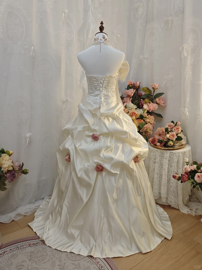 Elegant Strapless Bow Ball Gown White Satin Pleated Beaded Long Party Dress Birthday Dress With Rose Flowers SP2160