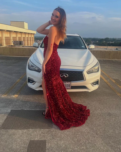 Classic Red Strapless Sequins Prom Dress With Split Y5231
