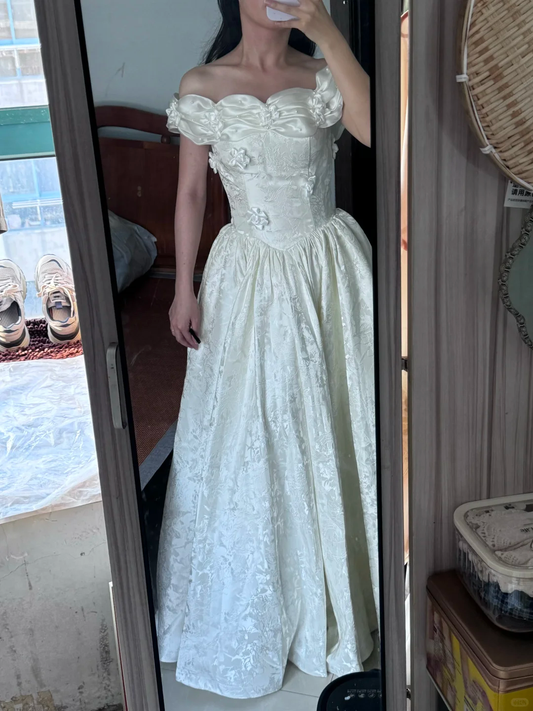 Elegant White Off The Shoulder Satin Print Floral Long Party Dress 16th Birthday Dress SP2069