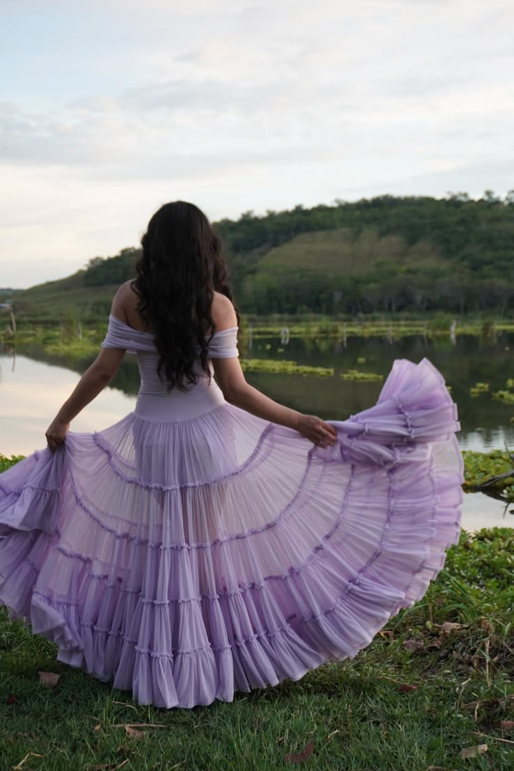 Classy Off the Shoulder Chiffon Tiered Prom Gown Lavender Long Evening Dresses SP2103