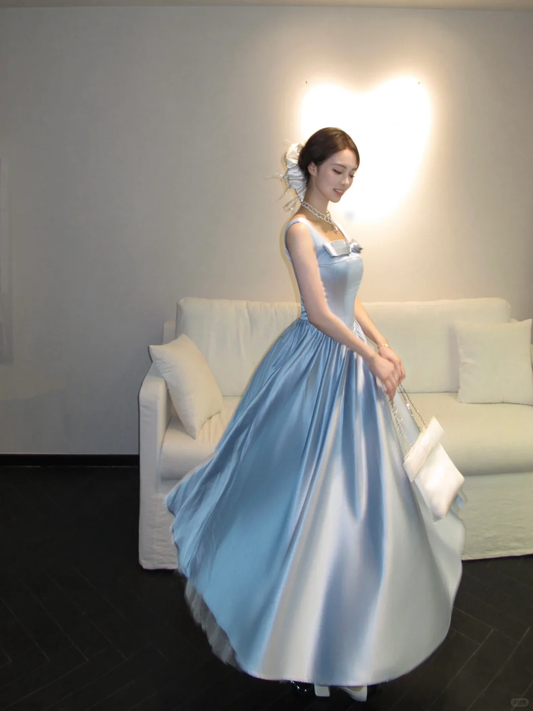Elegant Blue Bow Satin Tulle A Line Long Birthday Outfits Formal Party Dress Prom Dress SP2091
