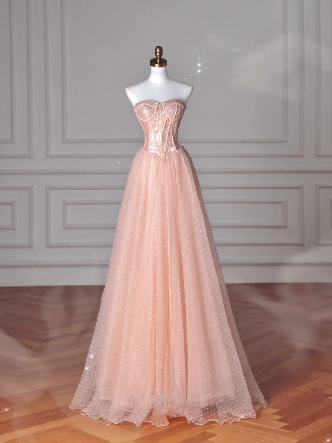 Pretty Peach Pink Strapless Sequins Tulle A Line Long Prom Dress Evening Dress Y8645
