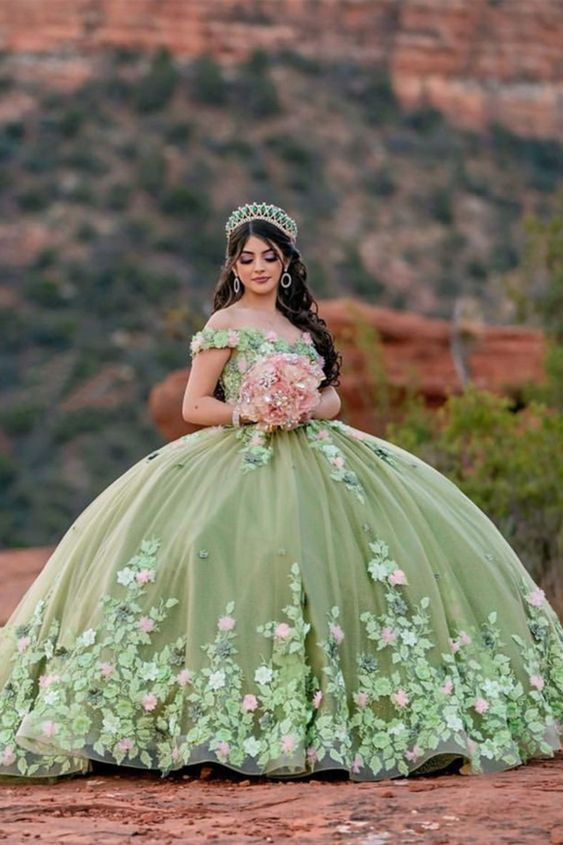 Light Sage Green Quinceanera Dresses Sweet 16 Pageant Floral Ball Gown – Simplepromdress