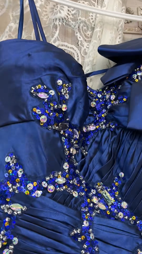 Pretty Spaghetti Straps Navy Blue Satin Beaded Mermaid Long Party Dress Evening Dress SP2155