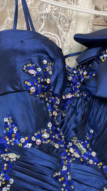 Pretty Spaghetti Straps Navy Blue Satin Beaded Mermaid Long Party Dress Evening Dress SP2155