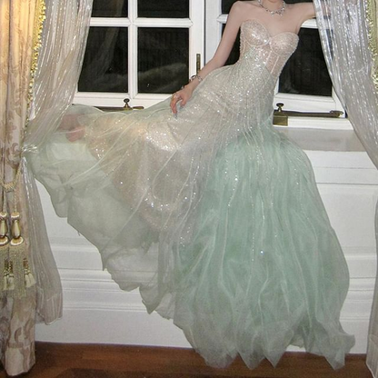 Gorgeous Strapless A Line Birthday Party Dress,Light Green Tulle Sequins Evening Dress Y8713