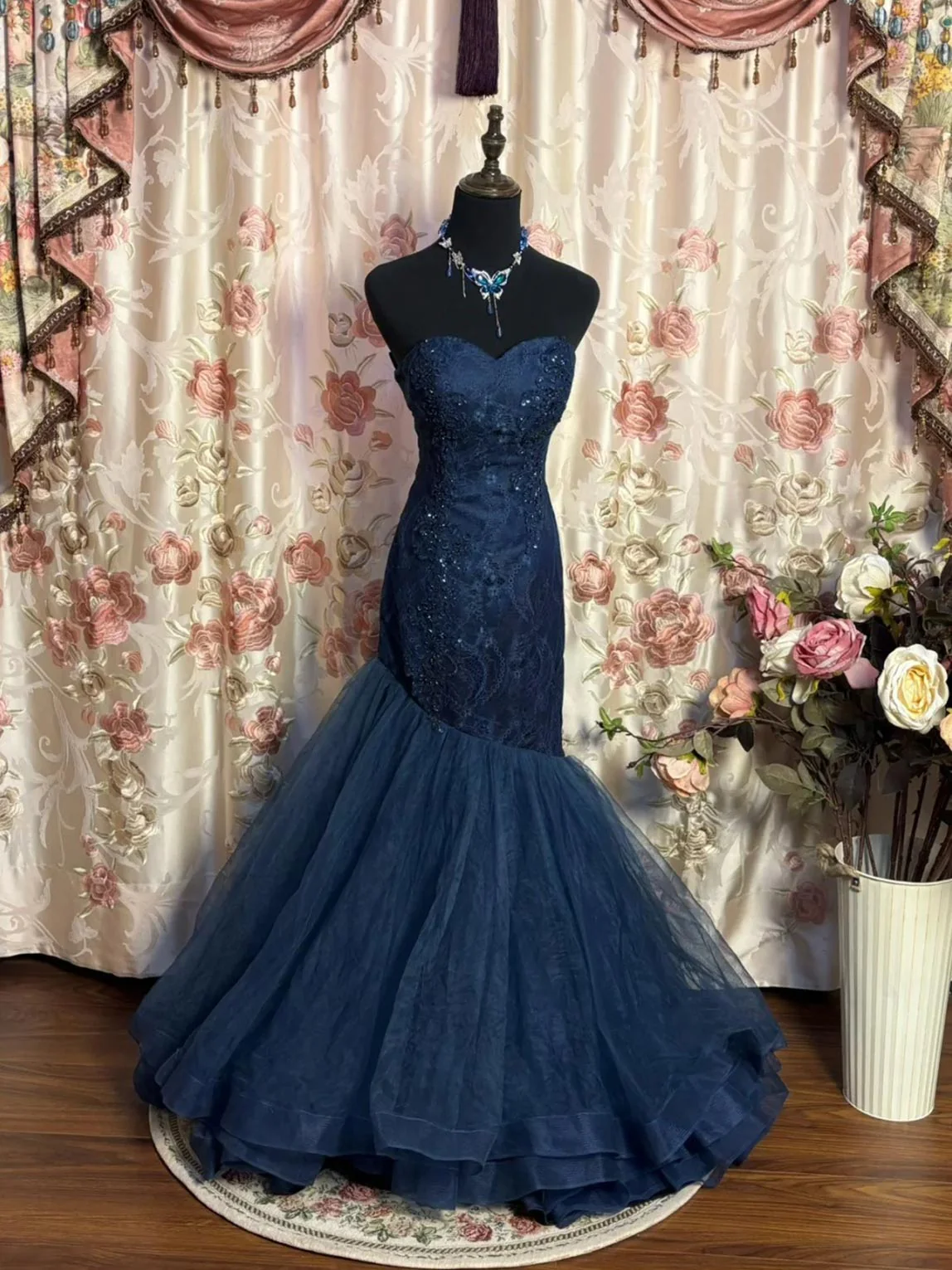 Classy Navy Blue Tulle Appliques Beaded Mermaid Formal Wedding Guest Dress Long Party Dress SP1378