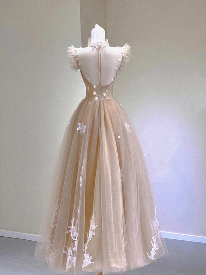 Champagne Lace Tea Length Prom Dresses, A-Line Evening Dresses Y6471