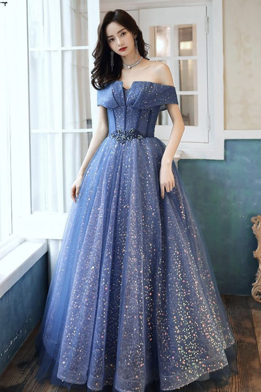 Blue Tulle Sequins Long Ball Gown Dress Formal Dress Y4907