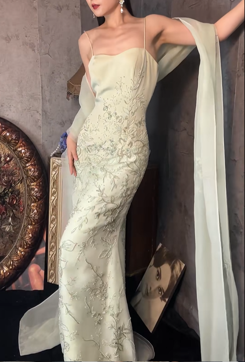 Classy Light Green Spaghetti Straps Tulle Beaded Mermaid Prom Dress Long Birthday Party Dress With Scarf SP1252