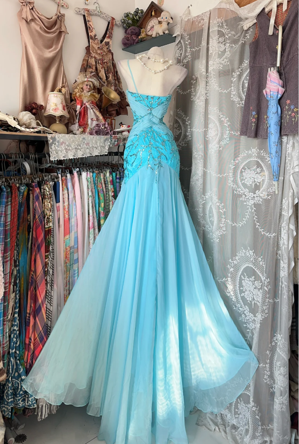 Classy Blue Chiffon Beaded Mermaid Long Party Dress Formal Birthday Prom Dress SP1711