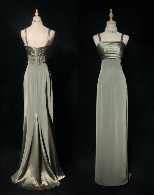 Vintage Spaghetti Straps Olive Green Satin Sheath Long Evening Dress Formal Wedding Guest Dress With Appliques SP1796