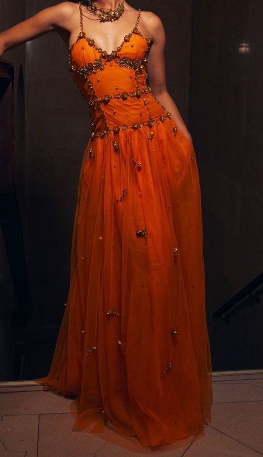 Vintage Orange Spaghetti Straps Tulle Beaded A Line Long Prom Dress Evening Gown SP282