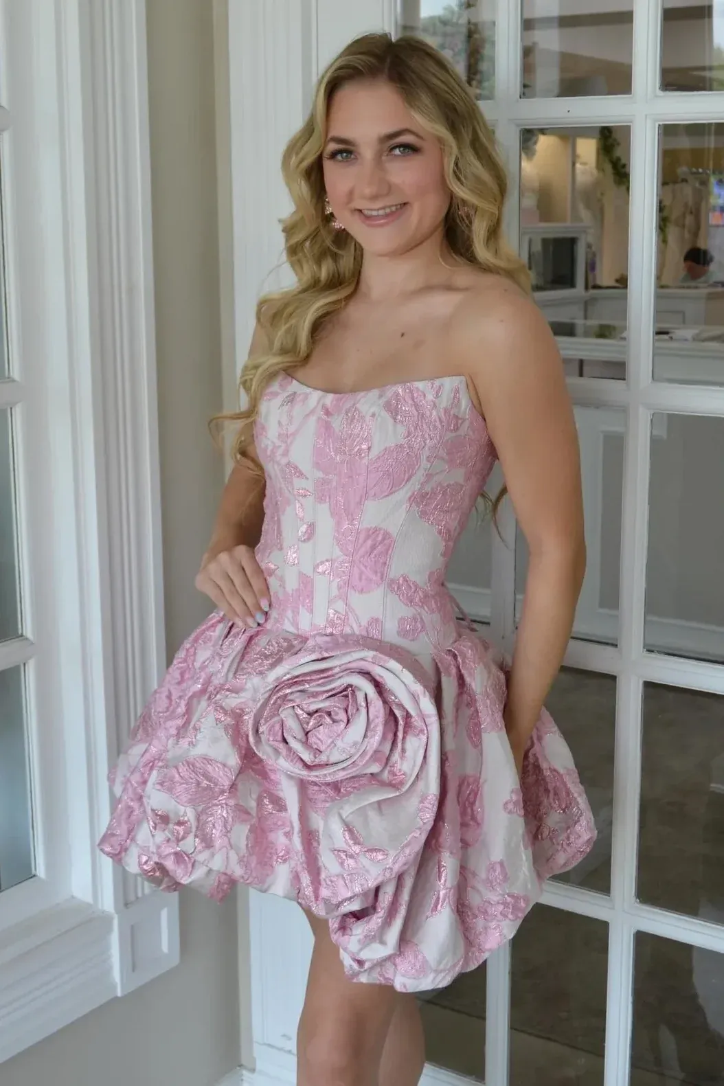 Glamorous Strapless A-Line Satin Floral Print Short Homecoming Dress Pink Short Prom Gown SP3608