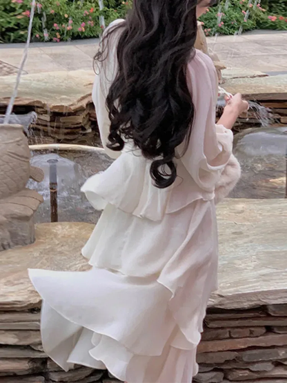 Elegant Women Irregular Ruffle Patchwork Dress Lantern Sleeve Stand Neck Pleated Prom Dress Y4779