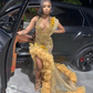 Luxury Gold Beaded Prom Dress for Black Girls Crystal Mermaid Formal Evening Dress Side Slit Evening Dress Y6624