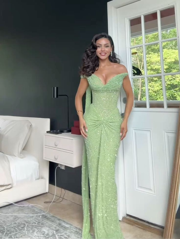 Charming Off The Shoulder Sage Green Sequin Sheath Long Party Dress Prom Gown SP2455