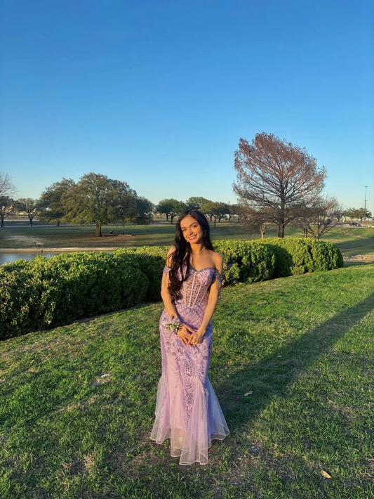 Elegant Off The Shoulder Purple Tulle Sequin Beaded Mermaid Long Wedding Guest Dress Formal Party Dress SP1371