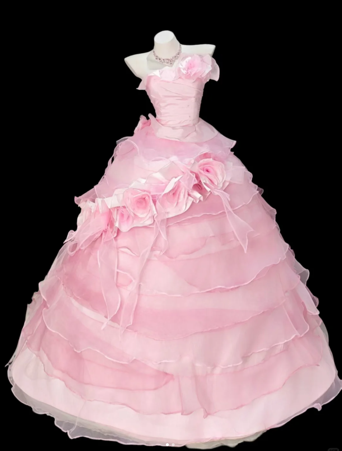 Charming Strapless Satin Tulle Beaded Pleated Layered Ball Gown Pink Quinceanera Dress SP1932