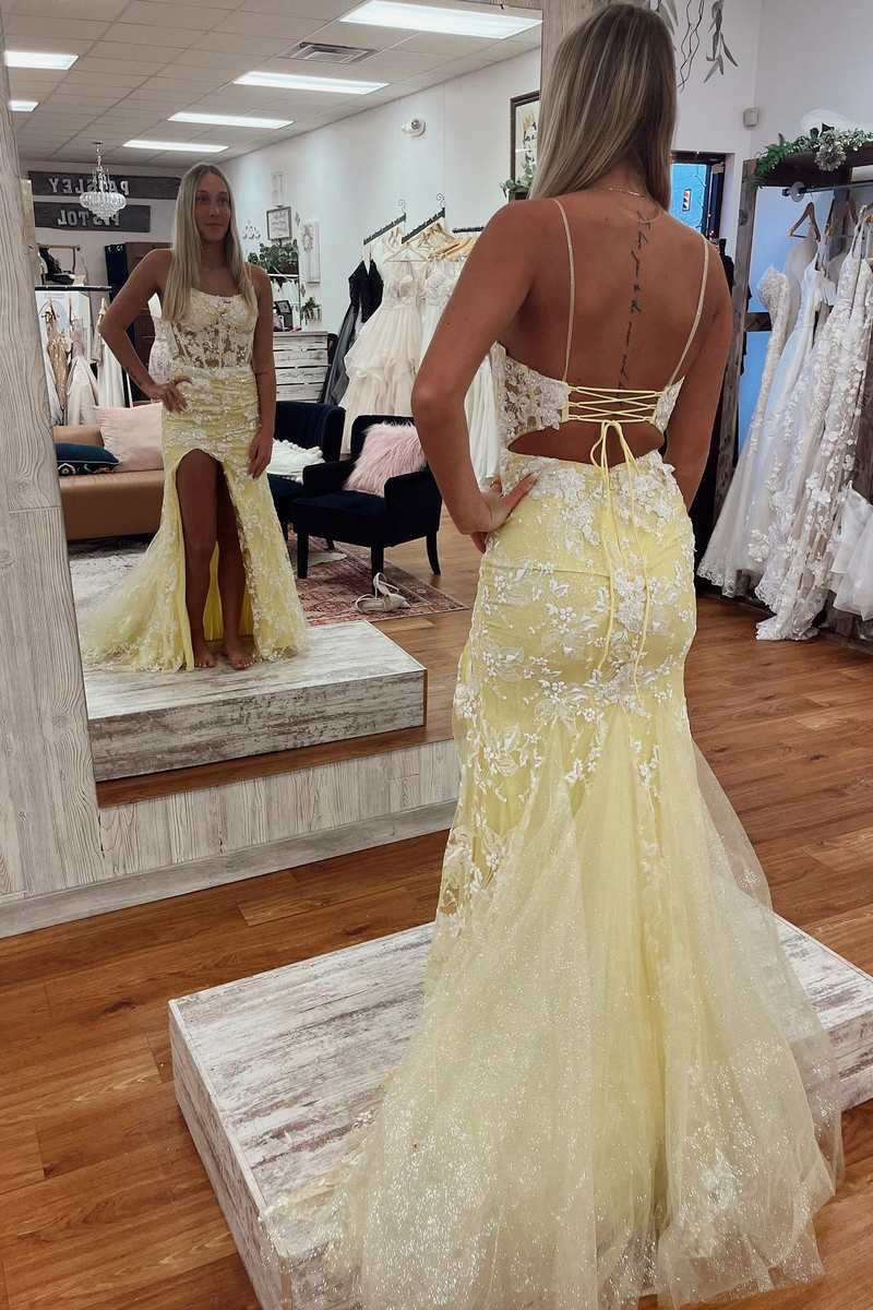 Yellow Floral Lace Backless Mermaid Long Prom Dress with Slit Y2394 Simplepromdress Yellow Floral Lace Backless Mermaid Long Prom Dress with Slit Y2394 Simplepromdress