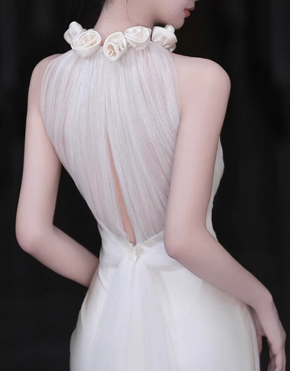 Charming Halter 3D Flowers Sleeveless White Satin Mermaid Long Wedding Dress Formal Bridal Dress SP2019