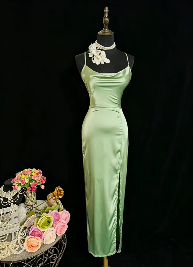 Sexy Spaghetti Straps Sheath Satin Slit Evening Dress Sage Green Backless Long Wedding Guest Dress SP2377