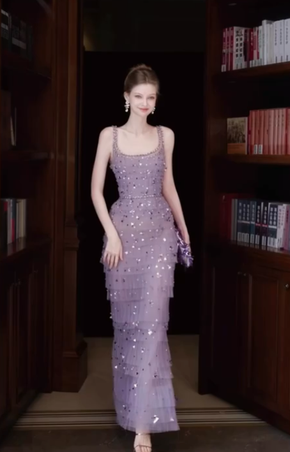 Sparkly Lilac Sequins Evening Dress,Long Tulle Layered Prom Dress Y8763
