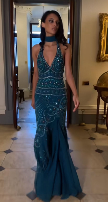Vintage Halter Blue Chiffon Beaded Mermaid Long Party Dress Evening Dress With Ribbon SP4059