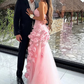 Chic Pink Strapless Long Prom Dress with 3D Flowers Y2723