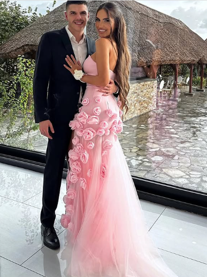 Chic Pink Strapless Long Prom Dress with 3D Flowers Y2723