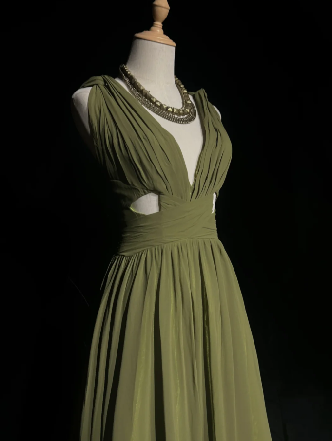 Vintage Olive Green Olive Green V Neck Chiffon Pleated Long Evening Dress Birthday Dress SP1958